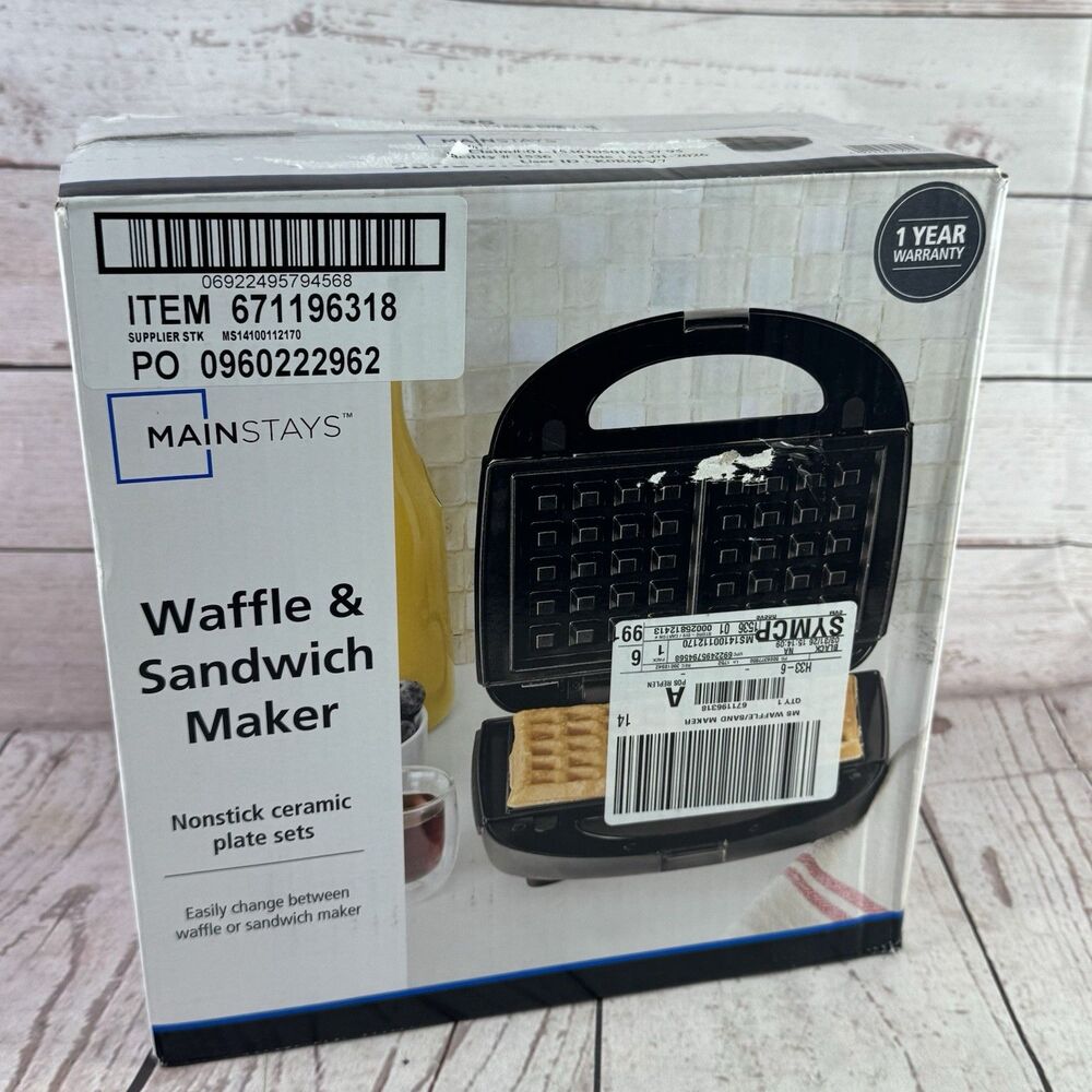 Mainstays 2 Slice Waffle Sandwich Maker Removable Plates Black 750W